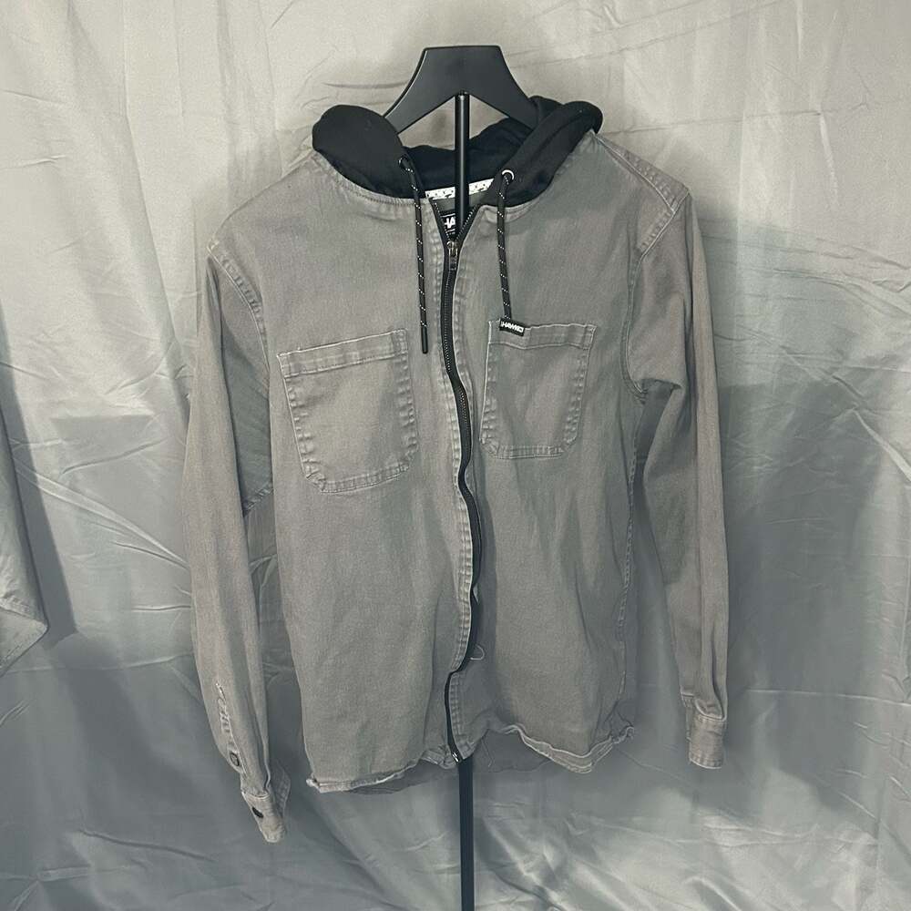 Tony Hawk Hooded Denim Jacket Gray with Black Fleece Hood and Pockets